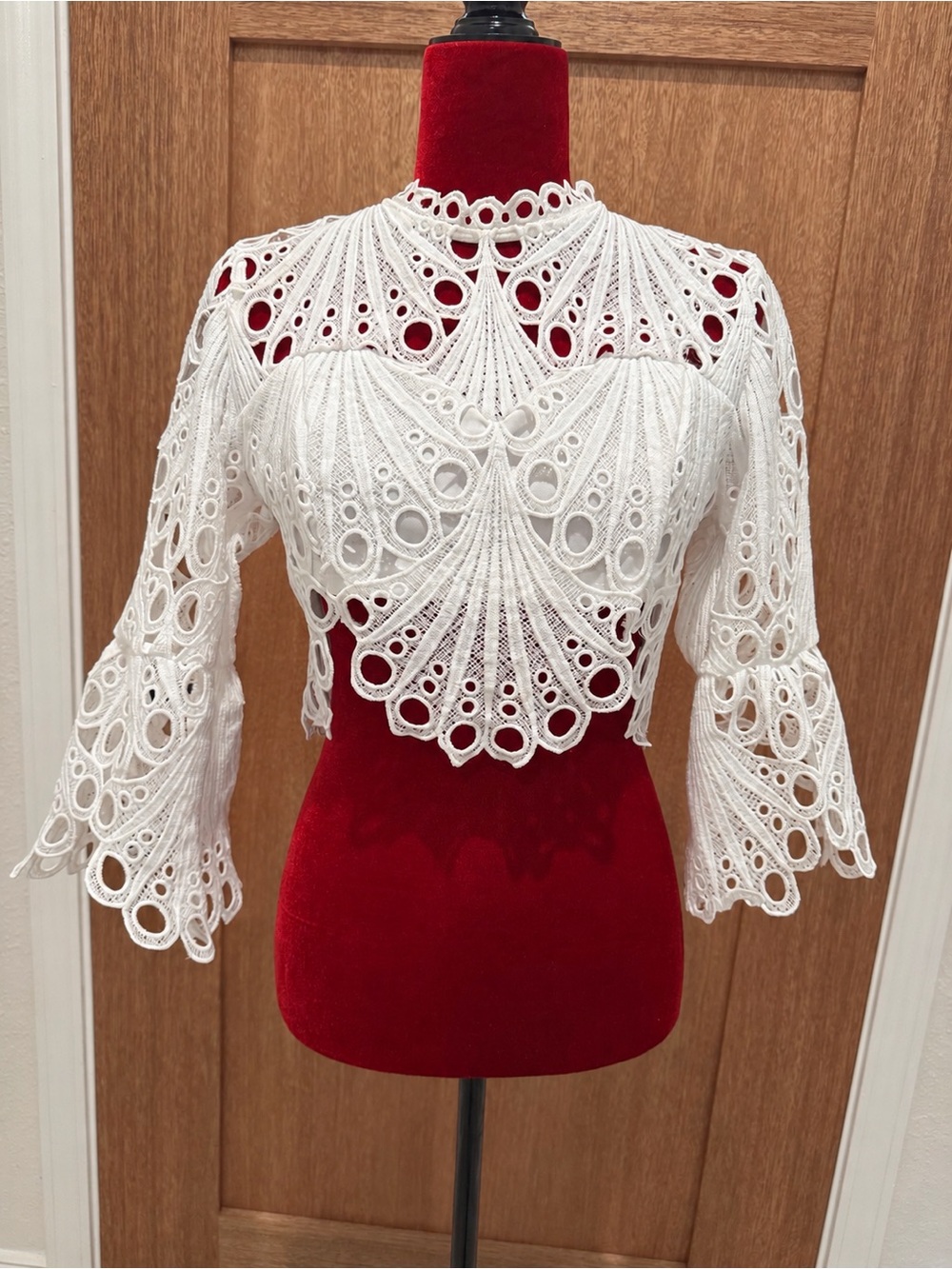 NWOT White Crochet Lace Crop Top with Bell Sleeves S